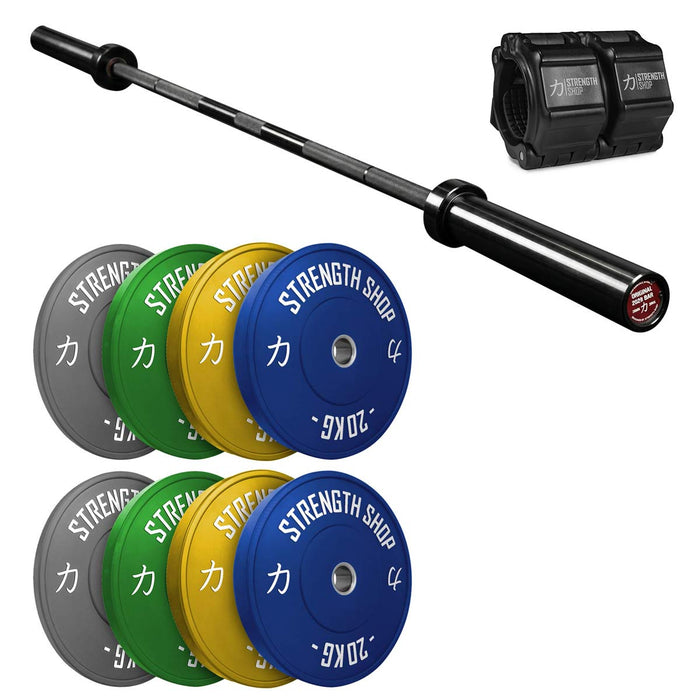 Riot Bumper Plates 2.0 Set Coloured, Original 2028 Olympic Bar & Flip Lock V2 Collars Package