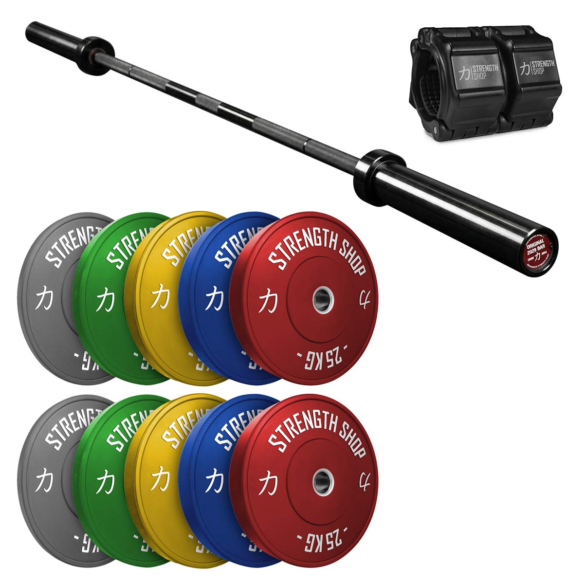 Riot Bumper Plates 2.0 Set Coloured, Original 2028 Olympic Bar & Flip Lock V2 Collars Package