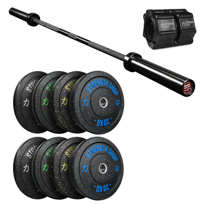 Crumb Bumper Plates Set, Original 2028 Olympic Bar & Flip Lock V2 Collars Package