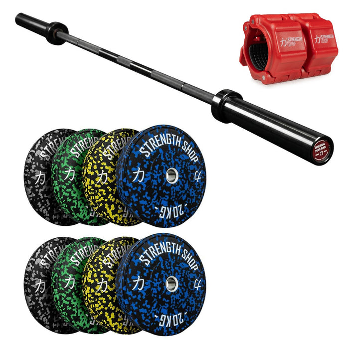 Fleck Bumper Plates Set, Original 2028 Olympic Bar & Flip Lock V2 Collars Package