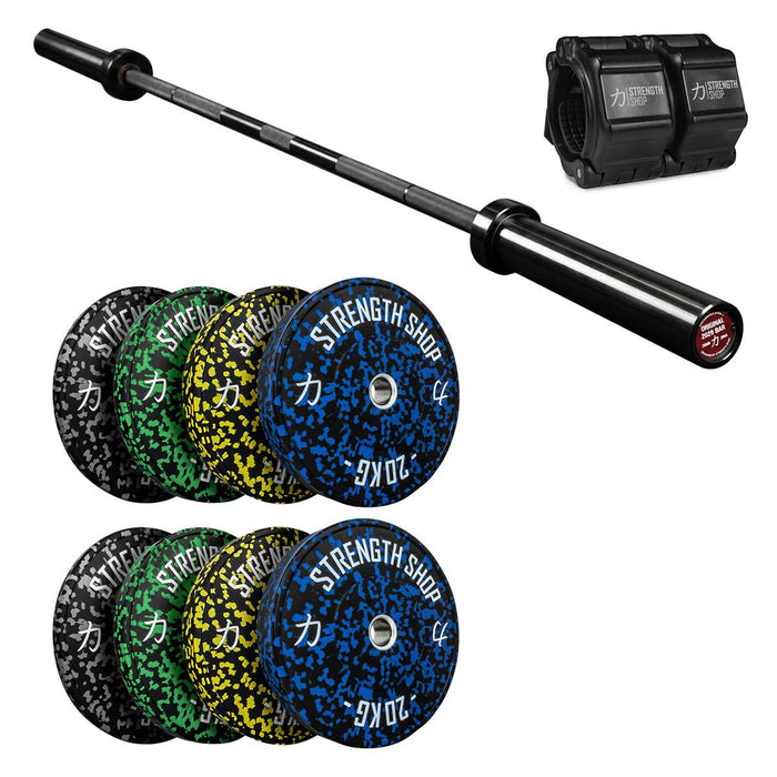 Fleck Bumper Plates Set, Original 2028 Olympic Bar & Flip Lock V2 Collars Package