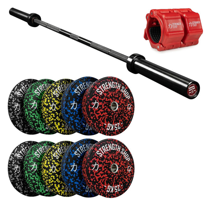 Fleck Bumper Plates Set, Original 2028 Olympic Bar & Flip Lock V2 Collars Package