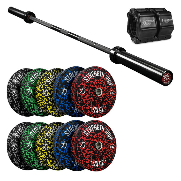 Fleck Bumper Plates Set, Original 2028 Olympic Bar & Flip Lock V2 Collars Package