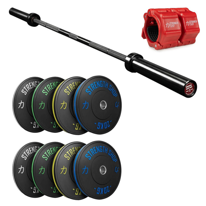 Stripe Bumper Plates Set, Original 2028 Olympic Bar & Flip Lock V2 Collars Package