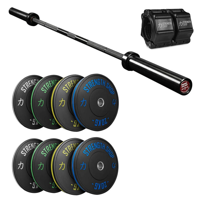 Stripe Bumper Plates Set, Original 2028 Olympic Bar & Flip Lock V2 Collars Package