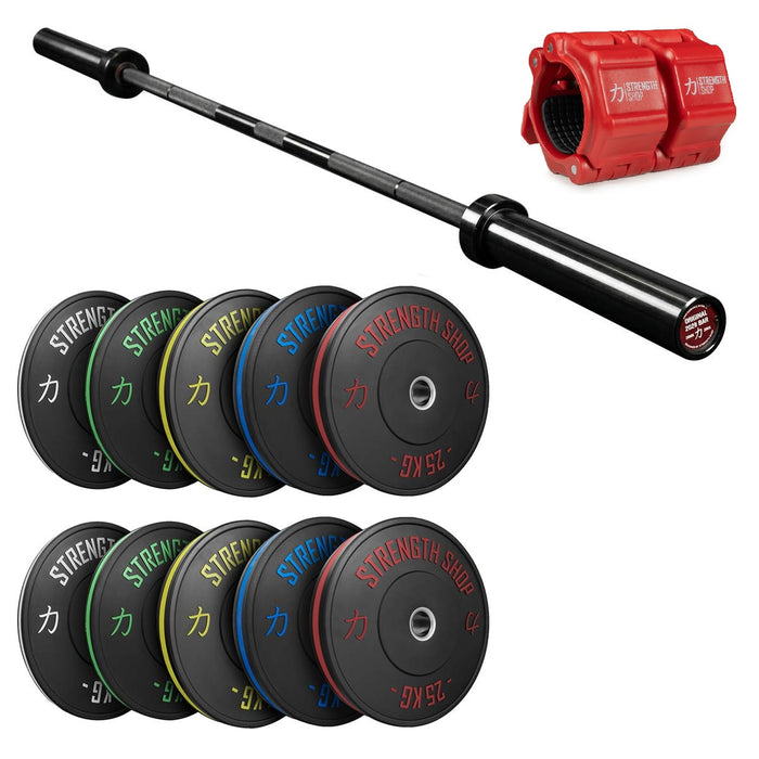Stripe Bumper Plates Set, Original 2028 Olympic Bar & Flip Lock V2 Collars Package