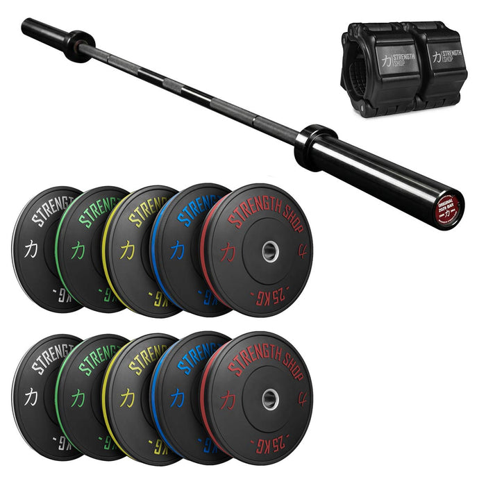 Stripe Bumper Plates Set, Original 2028 Olympic Bar & Flip Lock V2 Collars Package