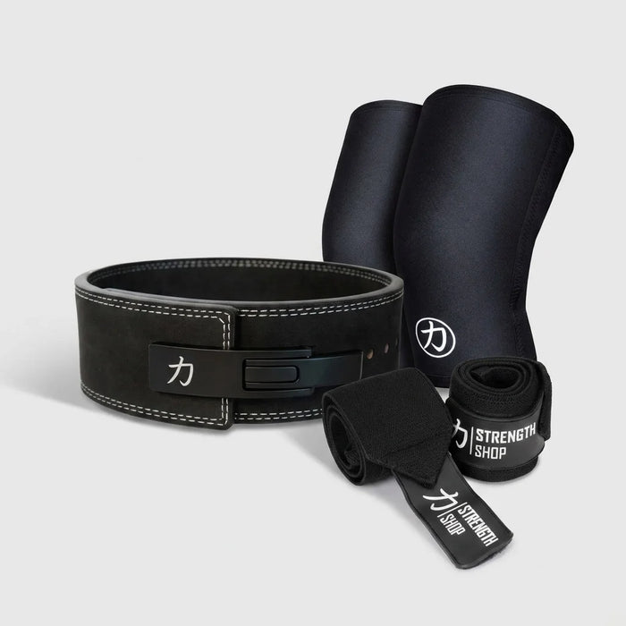 Strength Stack - Black - 13mm Lever Belt, 7mm Inferno Knee Sleeves & Zeus Wrist Wraps