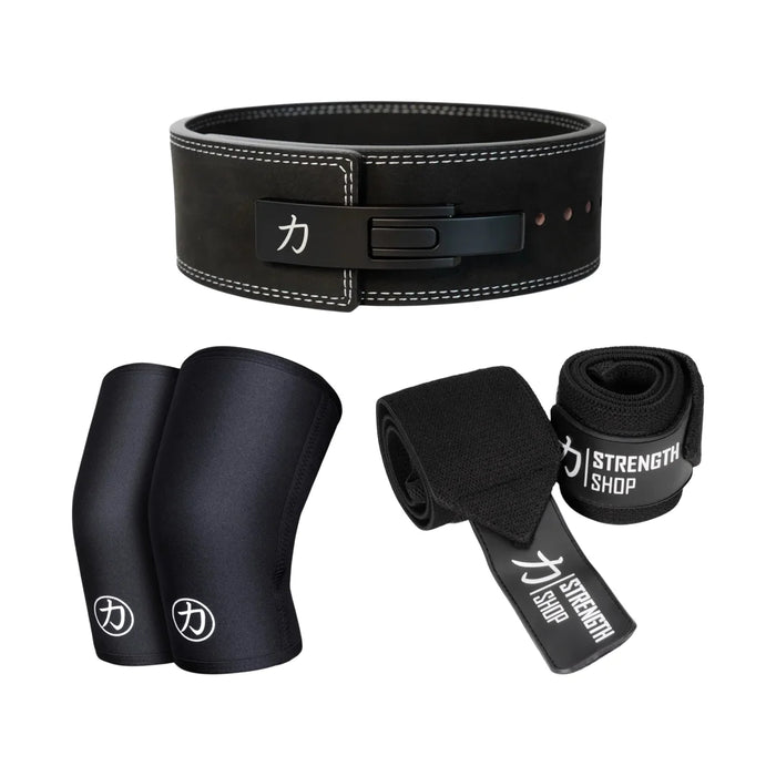 Strength Stack - Black - 13mm Lever Belt, 7mm Inferno Knee Sleeves & Zeus Wrist Wraps
