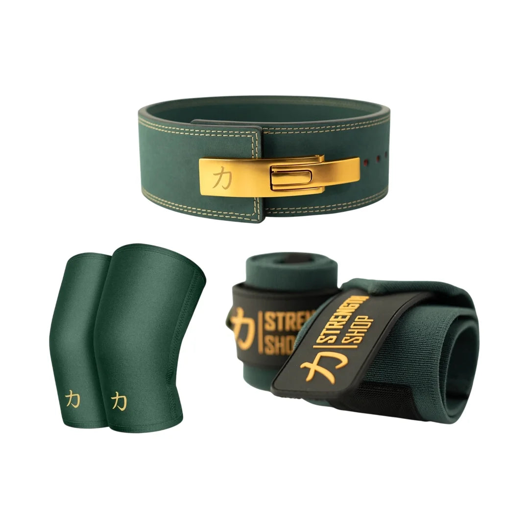 Strength Stack - Vintage Green - 10mm Lever Belt, 7mm Inferno Knee Sleeves & Zeus Wrist Wraps